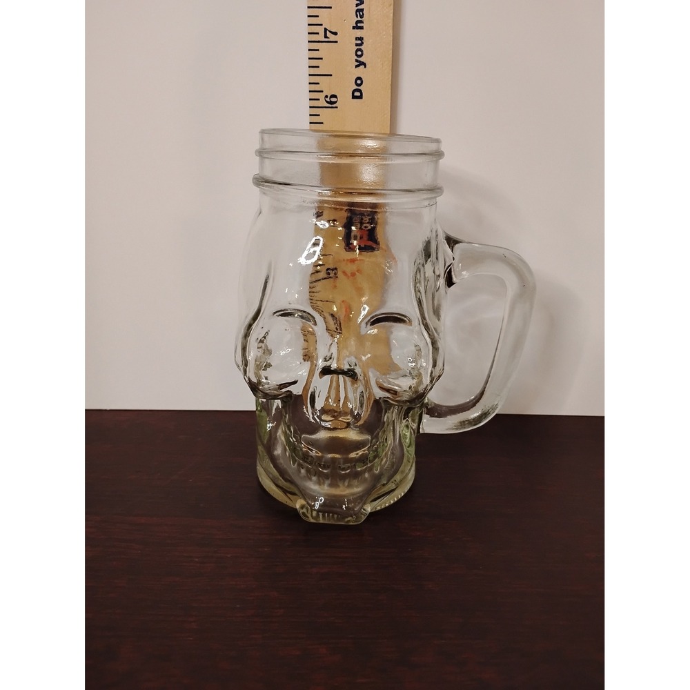 Clear‎ Glass Skull Mason Jar Mug with Handle Halloween Gothic Drinkware 5 inch